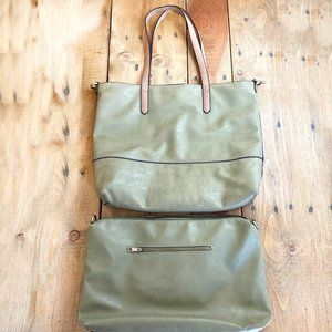 Joy Susan Celery Large Double Tote Bag Travel Inner 2-in-1 Green‎ Vegan Leather